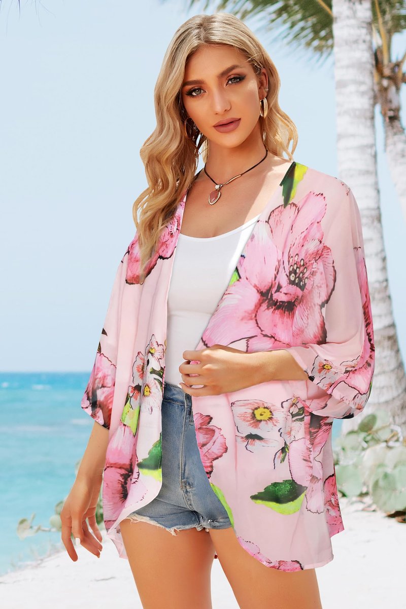 Women Summer Kimono Cardigan Sheer Beach Cover ups Chiffon Loose Casual Open Front Swimwear Shirts (Rose Pink,2XL)