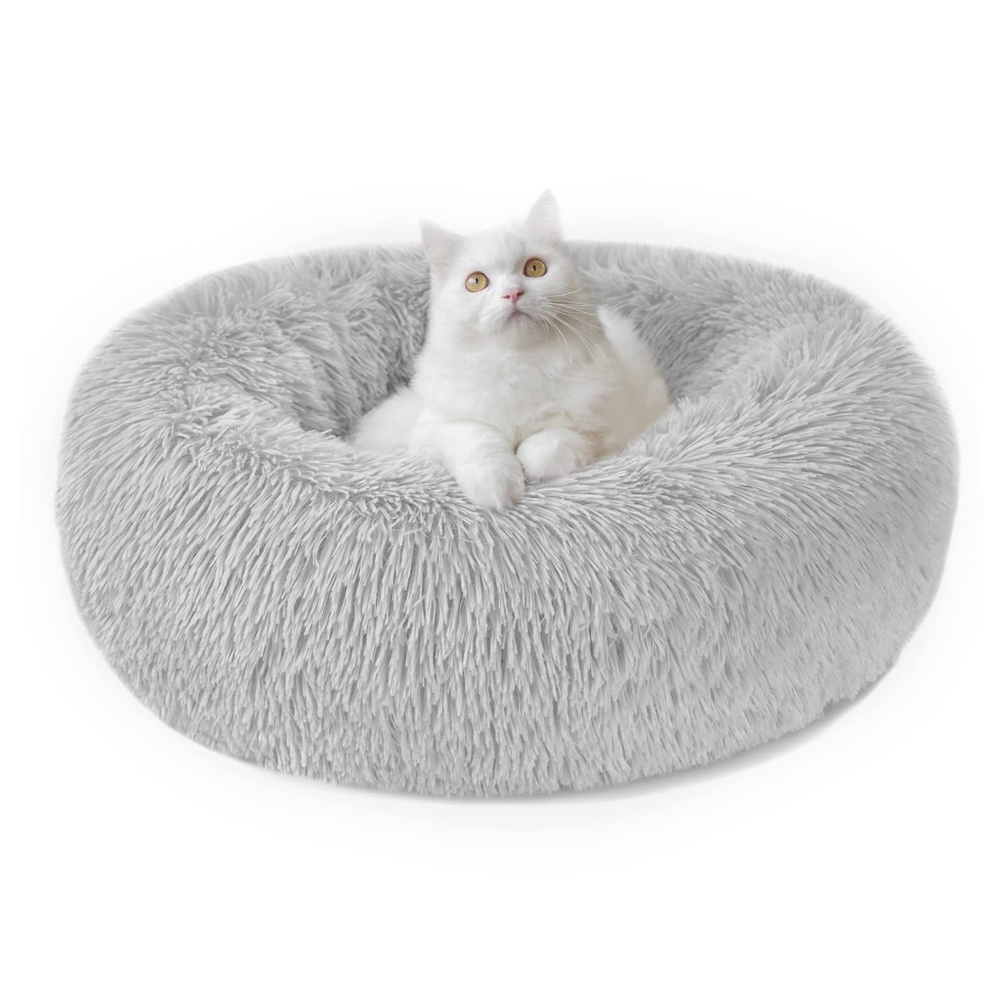 Calming Dog Cat Donut Bed - 19.7in Fluffy Plush Puppy Kitten Cuddler Round Bed, Warm and Soft Pet Cosy Anti Anxiety Beds with Non-Slip Bottom and Washable (M-50CM, Grey)