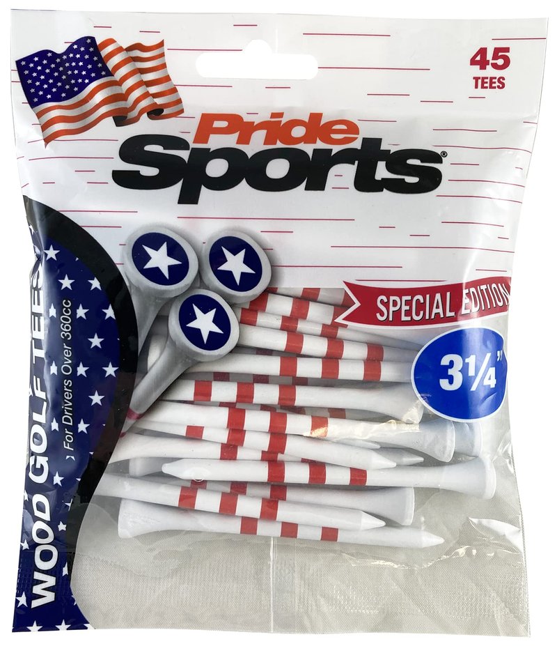PrideSports 3-1/4" Pride Performance Wood Golf Tees - Special Edition Stars and Stripes - 45 Count - Designed for Less Friction and Longer Drives - Made in The USA