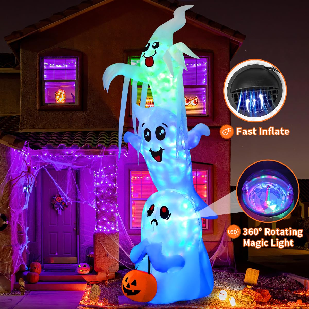 GOOSH 9.8 FT High Halloween Inflatable Overlap Ghost Outdoor Decorations Blow Up Yard with Built-in LEDs for Garden Lawn Indoor Party Decor (Three Ghosts)