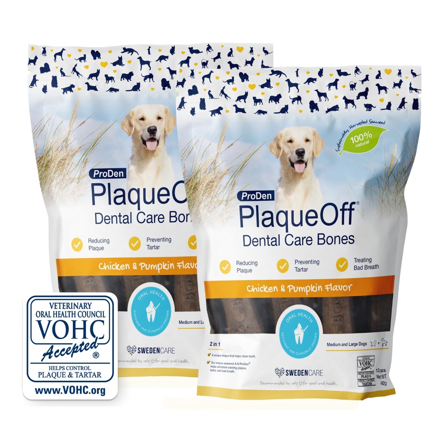 ProDen PlaqueOff 13 Dental Bones for Medium & Large Dogs, Tartar, Plaque & Bad Breath Remover, Improves Overall Oral Health, Pack of 2 (Chicken)