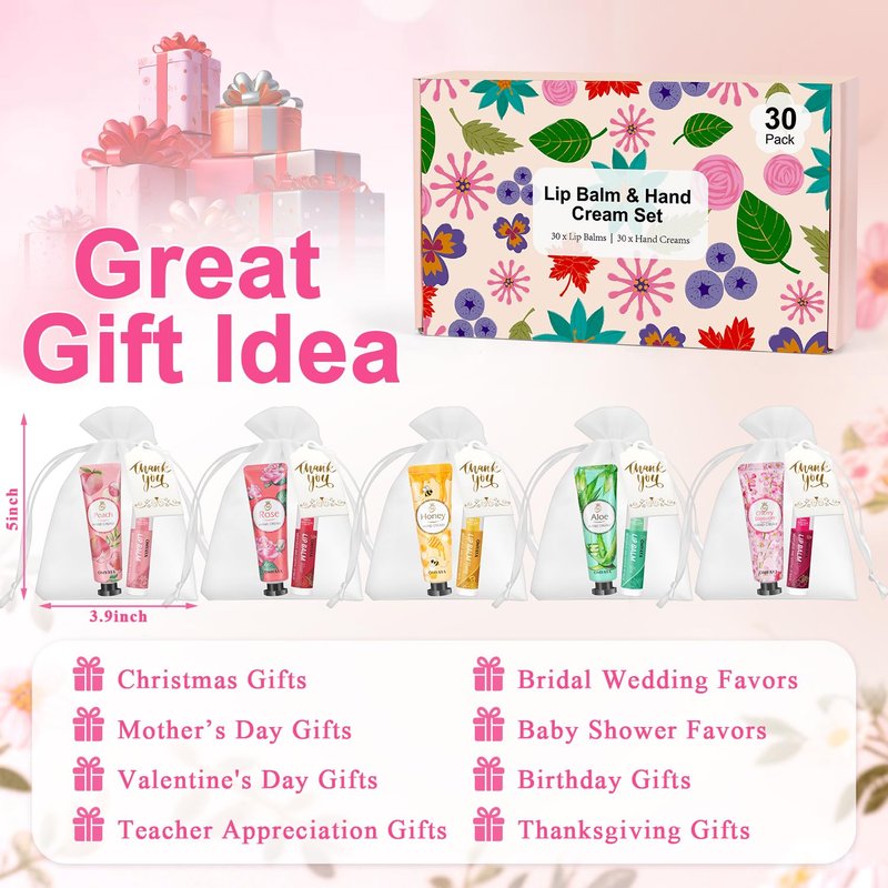 30 Sets Bulk Gifts For Women, Lip Balm Bulk and Hand Cream Gift Set with Organza Bags, Thank You Cards, Party Favors For Bridal Wedding, Baby Shower,Teacher Appreciation Gifts Bulk