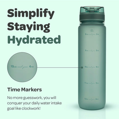 Hydracy Water Bottle with Time Marker - Large 32 oz BPA Free Gym Bottle & No Sweat Sleeve -Leak Proof Lid with Fruit Infuser Strainer & Times to Drink - Ideal for Fitness Sports & Outdoors