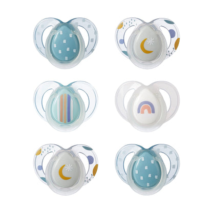 Tommee Tippee Nighttime Soothers, 6-18m, 6 Pack, Glow in The Dark, Varied Colours and Designs, Symmetrical Orthodontic Dummy, BPA-Free Silicone Teat