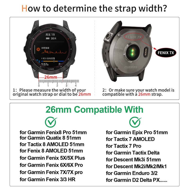 Silicone Band for Garmin Enduro 3 2/Fenix 8 pro/tactix 8 AMOLED 51mm/Fenix 7X/6X pro sapphire solar/5X plus, 26mm Quickfit Sprot Watch Strap Replacement for Descent Mk2i/3i/epix Pro/quatix 8 51mm