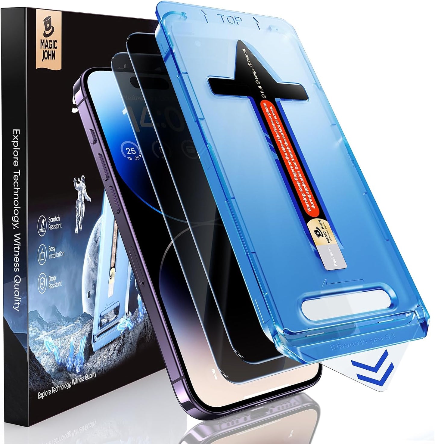 MAGIC JOHN 2 Pack for iPhone 14 Pro Privacy Screen Protector 6.1 inch[Not Max], Tempered Glass, Auto Dust-Elimination Installation, Bubble Free, Anti Scratch, Case Friendly