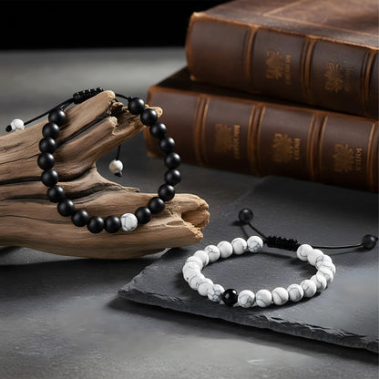 BBTO Couples Bracelets Long Distance Matching Bracelets 8mm Howlite Beads Black Matte Agate for Couples His and Her Gifts(Classic Style)