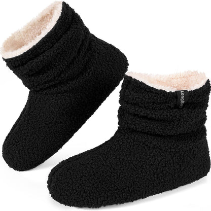 LongBay Women’s Warm Curly Fur Bootie Slippers Comfy Plush Fleece Boots Memory Foam House Shoes (Small / 5-6, Black)