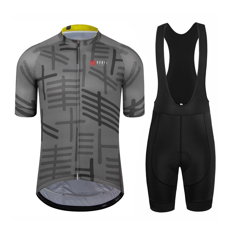 GCRFL Men's Cycling Jersey Set Road Bike Shorts Sleeves Jersey Zipper Pokcet Bib Shorts with Padded, Cycling Clothing kit Men (Grey, L)