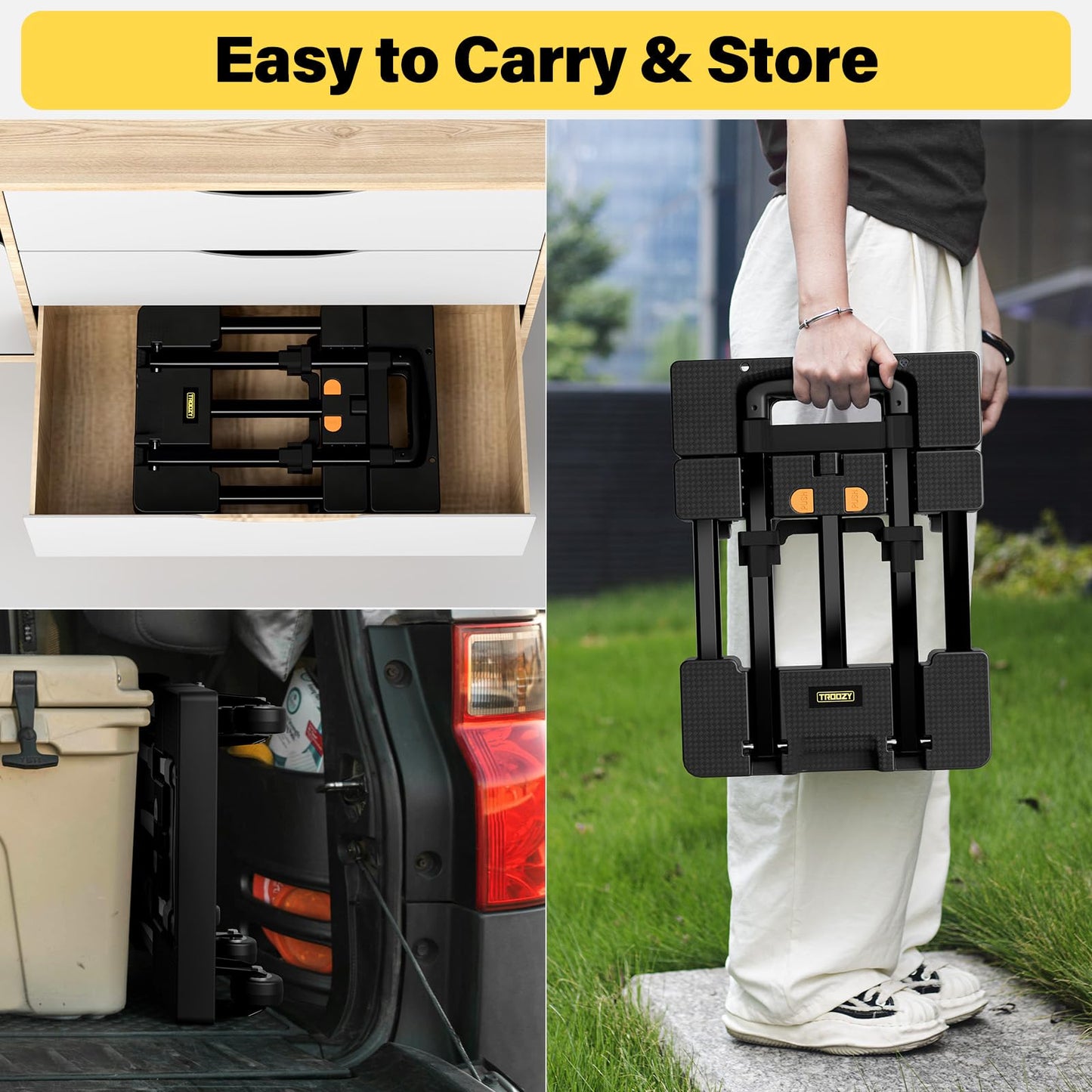 Folding Hand Truck, Dolly Cart with 6 Wheels (2 with Brake) & 2 Elastic Straps, 500 LB Heavy-Duty Trolly Cart for Moving, Luggage, Car Seat, Garden Plant, Camping,26" Max Extendable Plate,Black