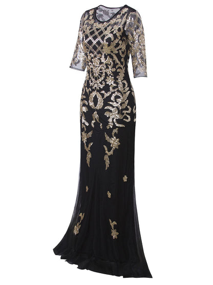 Vijiv Vintage 1920s Long Wedding Prom Dresses 2/3 Sleeve Sequin Party Evening Gown, Black/Gold, L