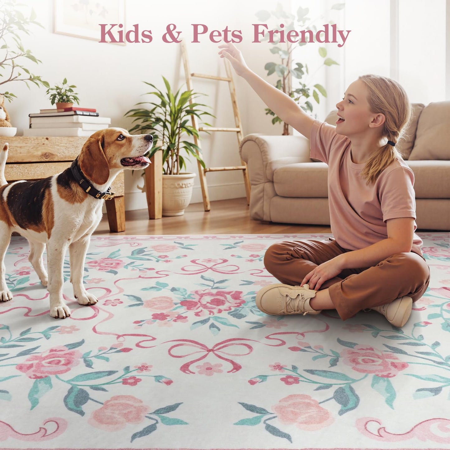 Collive 3x5 Nursery Rug, Boho Pink Floral Area Rugs Machine Washable, Soft Ultra-Thin Bow Carpet Non Slip for Girls Room Bedroom Entryway Playroom Living Room (Pink, 3' X 5')