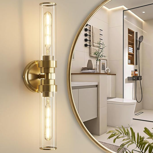 Bathroom Light Fixtures, Gold Wall Sconce in Clear Glass Vanity Lights, Modern Bathroom Vanity Light Up and Down Sconces Wall Lighting for Living Room, Hallway, Bedroom - Bulb Not Included