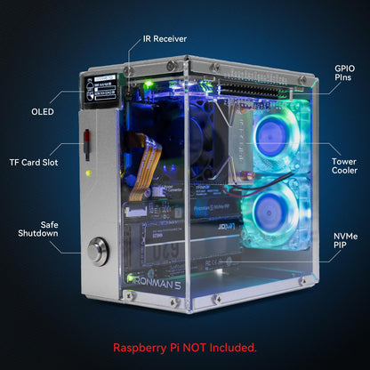 Pironman 5 NVMe M.2 SSD PCIe 2.0/3.0 Mini PC Case for Raspberry Pi 5 Hailo-8L AI Accelerator with Tower Cooler+Dual RGB Fans, 0.96'' OLED Module, Safe Shutdown, Standard HDMI, RGB Effect