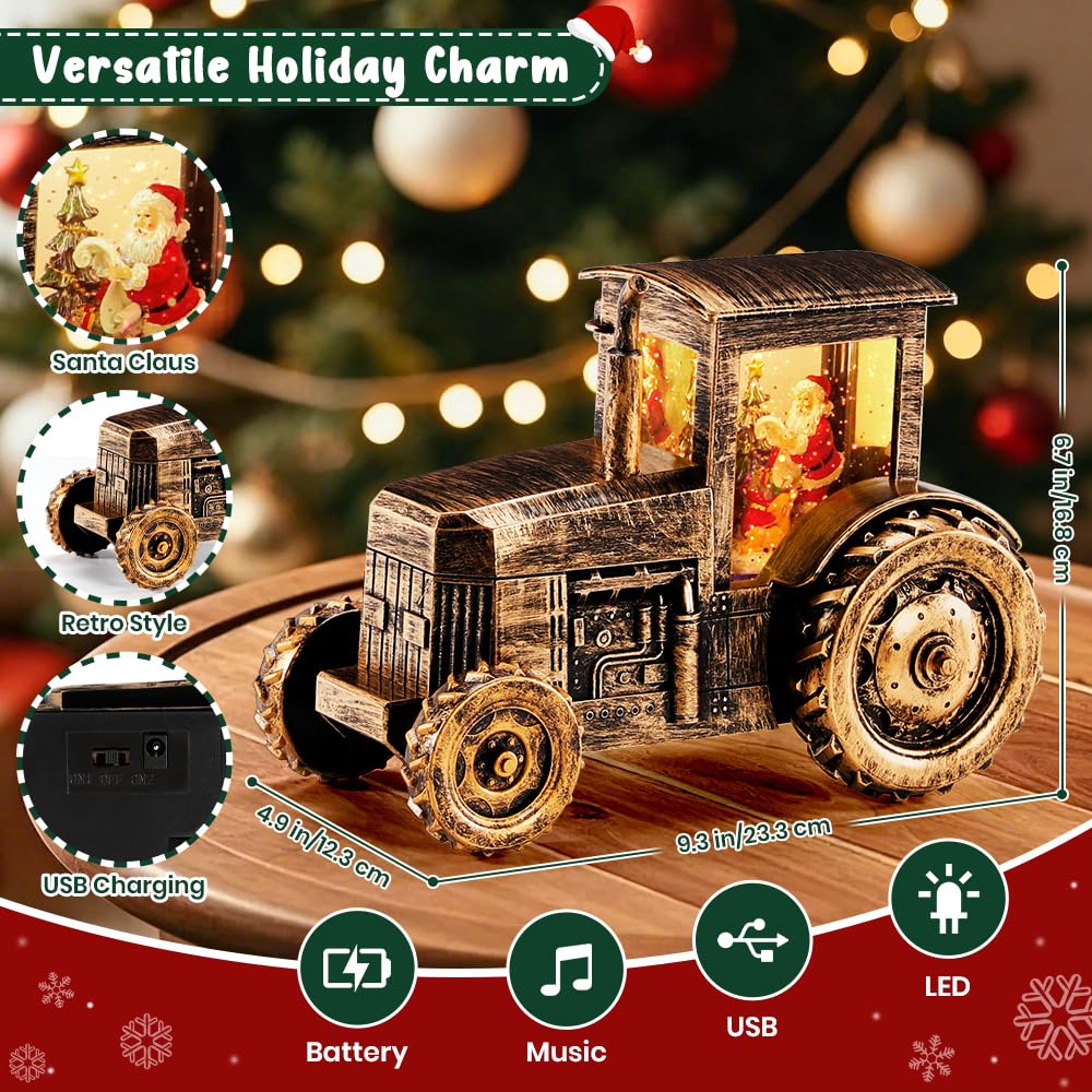 Christmas Musical Tractor Snow Globe with Santa Scene, Retro LED Holiday Decoration with 8 Christmas Songs, 6H Timer and Warm Lights, Festive Gift, Tabletop Decor