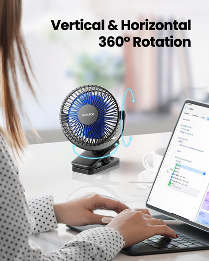 Gaiatop Portable Clip on Fan Battery Operated, Small Powerful 3 Speed Quiet 360° Rotate, USB Rechargeable Mini Personal Cooling Fan for Desk Table Home Office Stroller Camping Women Gifts Black Blue