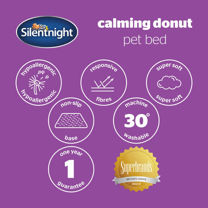 Silentnight Donut Calming Dog Bed – Calming Dog Cat Pet Bed Anxiety Relief Soft Fluffy Doughnut Pillow – Easy Clean Machine Washable Luxury Plush Dog Pillow Basket – 85 cm – Grey