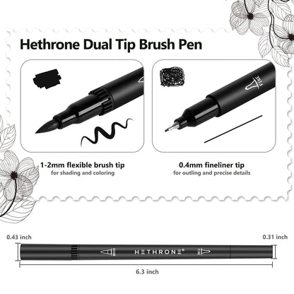 Hethrone Black Markers for Drawing - Brush Pens with Felt Tips for Artists - Calligraphy Pens, 12 Pack