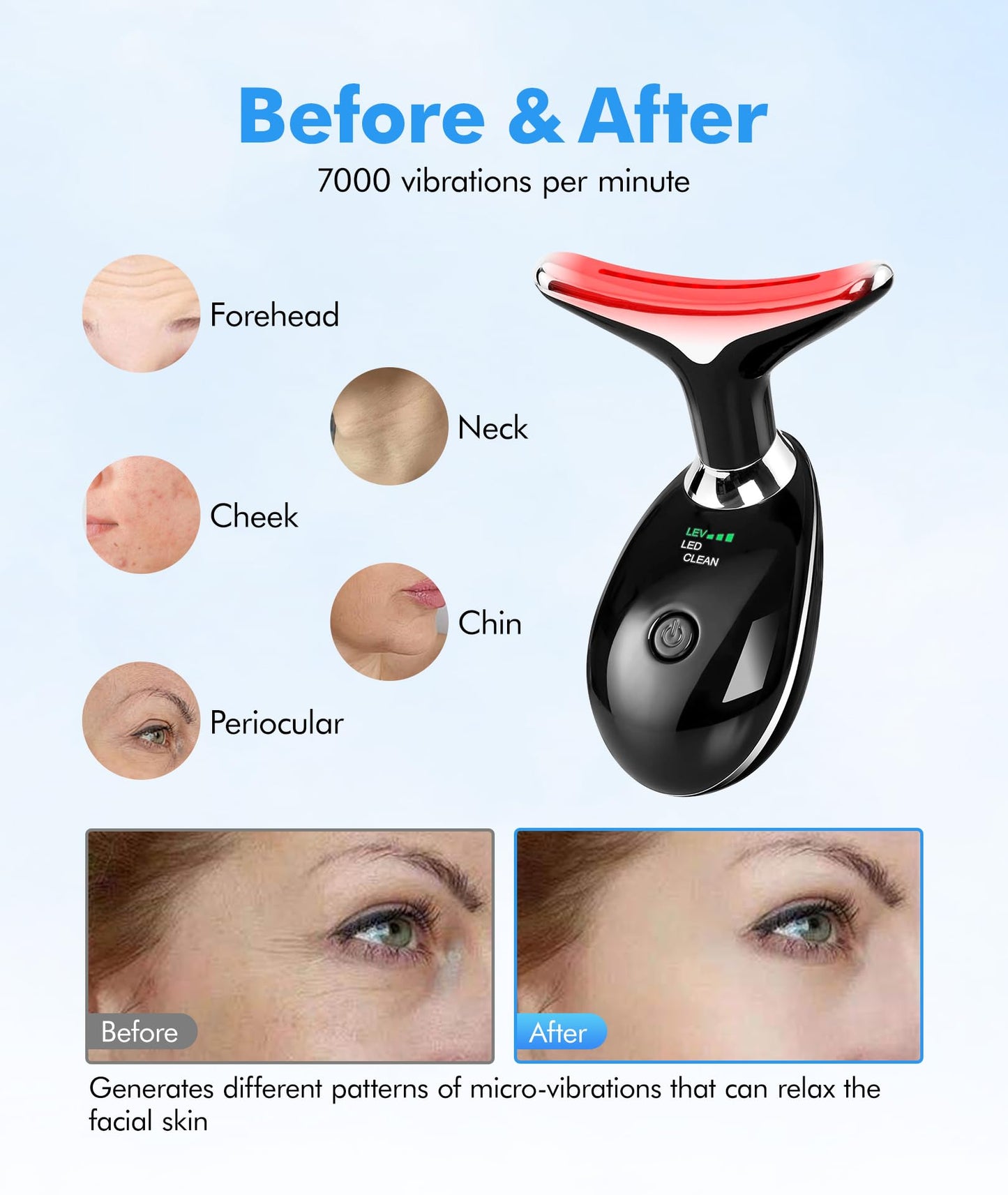 Red-Light-Therapy-for-Face-and-Neck, 7 Color Face Massager Tool for Wrinkles, Double Chin, Vibrating Facial Massager with Thermals for Skin Care, Glossy Pink