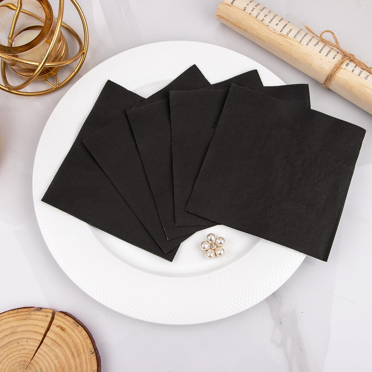 FLOWERCAT 100-Count 2-Ply Black Cocktail Napkins - Black Beverage Napkins Disposable Premium Quality - 5“ x 5" and unfold 10" x 10" Paper Napkins for Bar,Weddings,Birthday,Halloween