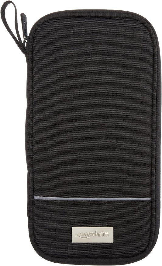 Amazon Basics RFID-blocking Passport Wallet, Passport Holder for Travel, 100% Nylon Material with Durable Zipper Closure, Zippered Pockets, Slots for Cards, 10"x5", Black, Solid