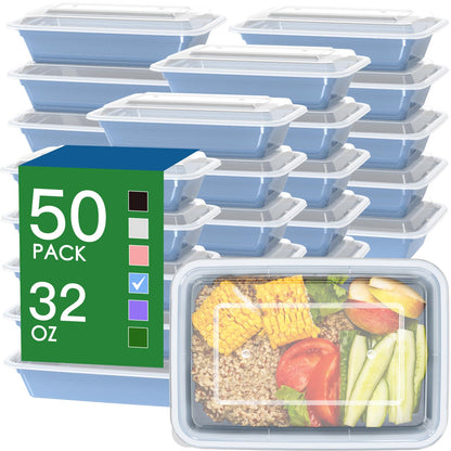 50 Pack (100-Piece) 32 oz Meal Prep Containers Reusable with Easy Open Lids, Sturdy Leakproof Food Safe, Microwave Freezer Dishwasher Safe, To Go Take Out Plastic Food Storage Pans with Lids, Blue