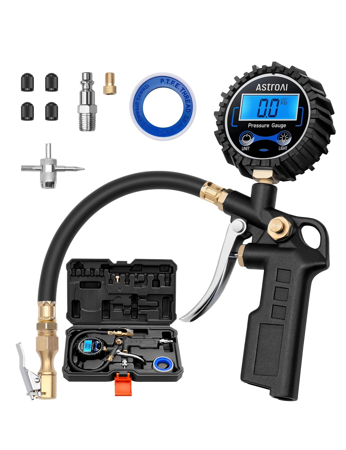 AstroAI Digital Tire Pressure Gauge with Inflator, 3-250 PSI Air Chuck & Compressor Accessories Heavy Duty with Quick Connect Coupler, 0.1 Display Resolution (Standard with Case)