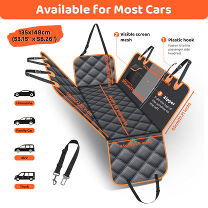 KYG Dog Hammock for Car Back Seats with Side Protection and Mesh Visual Window, Durable Scratch Proof and Waterproof Pet Seat Cover for Cars/Trucks/SUV, 135 x 148 cm, Black&Orange
