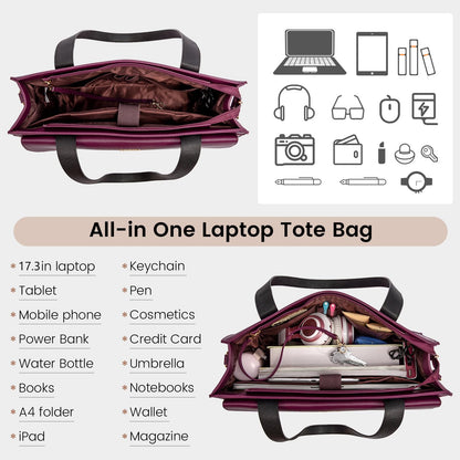 LOVEVOOK Laptop Bags for Women 17.3 Inch Ladies Work Bags Large Tote Bag with Laptop Compartment Designer Handbag Stylish PU Leather Briefcase for School Shoulder Bag for Office Business, Purple