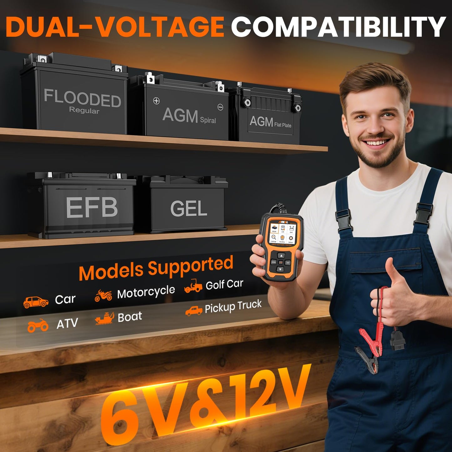 ANCEL AD410 PRO OBD2 Scanner and Battery Tester,2-in-1 Car Diagnostic Tool,Check Engine Light,EVAP Test,Live Data,6V/12V Battery Analyzer with Cranking & Charging System Test for Car Motorcycle