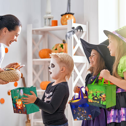 AhfuLife 12 Pcs Halloween Trick or Treat Bags, Candy Tote Bags with Handles, Reusable Non-Woven Gift Bag for Halloween Party Supplies Favors (7.8×7.8×5.9’’)