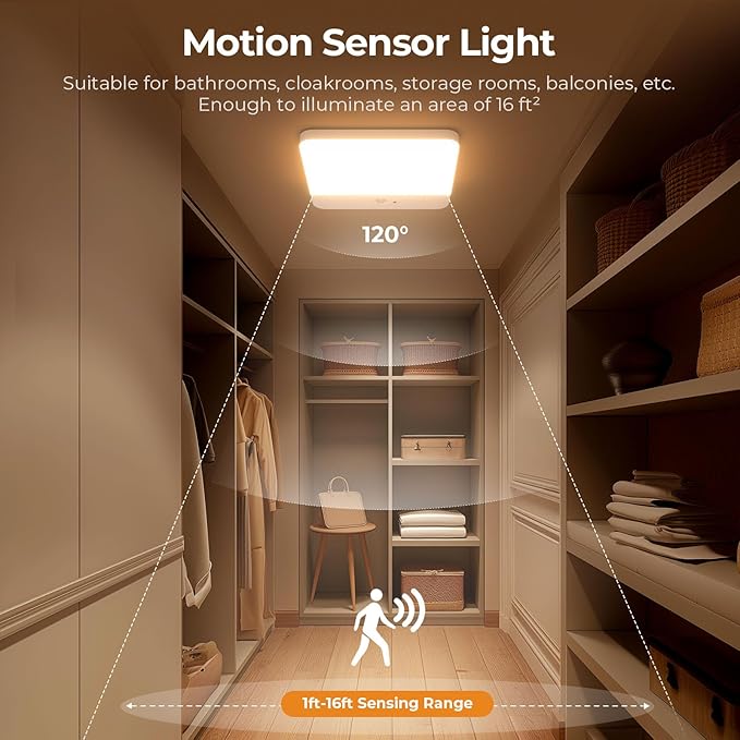 FULEN Motion Sensor Ceiling Light Fixture, Cordless Closet Light Battery Operated, Rechargeable Magnetic Mount LED Shower Light for Bathroom,Stairs,Garage,Hallway,3 Color Temperatures,Remote Control