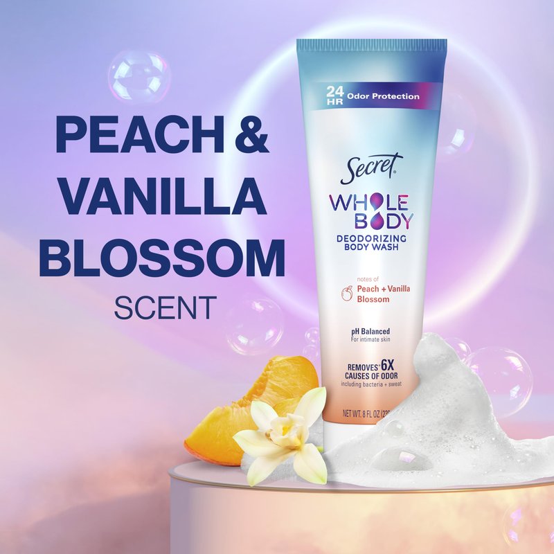 Secret Feminine Wash, 24 HR Deodorizing Feminine Body Wash for Women, Removes 6x Causes of Odor, PH Balanced, Safe to Use Everywhere, Peach & Vanilla Blossom Scent, 8.0 oz
