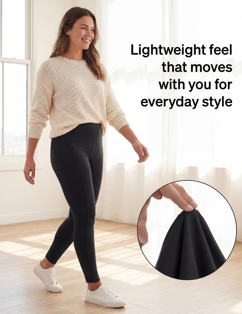 No Nonsense Cotton Leggings for Women with Side Pockets, Workout Stretch Pull-On Pants, Black, X-Large