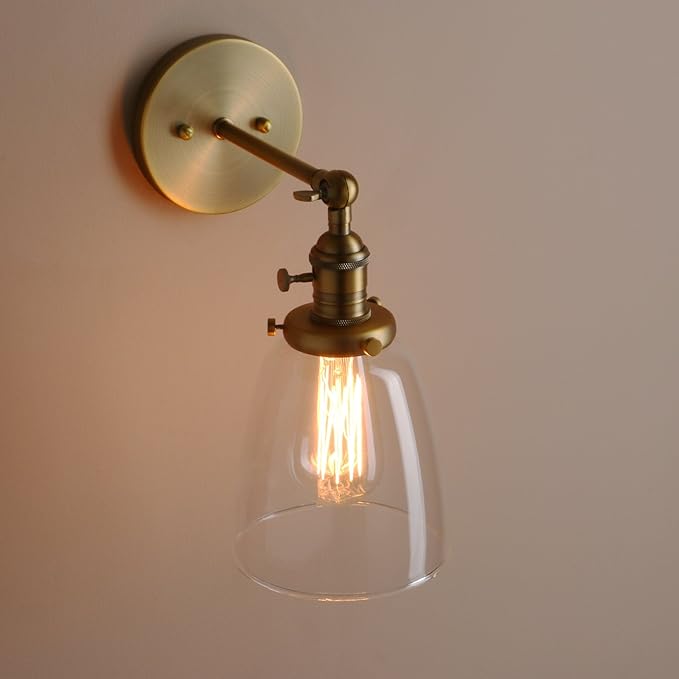 Pathson Loft Vintage Wall Light Dia 5.6" Wall Lamp with Oval Clear Glass Shade Design Vintage Industrial Home Wall Light Metal Base Cap Fixture Flush Mount Wall Sconce Lights (Brass)