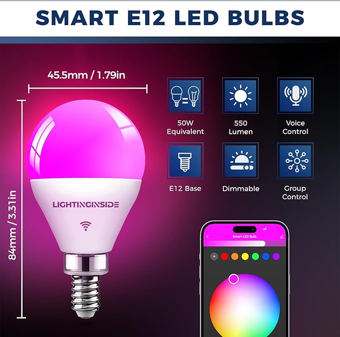 Lightinginside Smart Light Bulbs 50 Watt Equivalent, WiFi G16 1/2 Candelabra E12 Smart Bulbs Compatible with Alexa/Google Assistant, 5W 550LM, Ceiling Fan Light Bulbs, 2.4G WiFi Only, ETL Listed, 6PCS