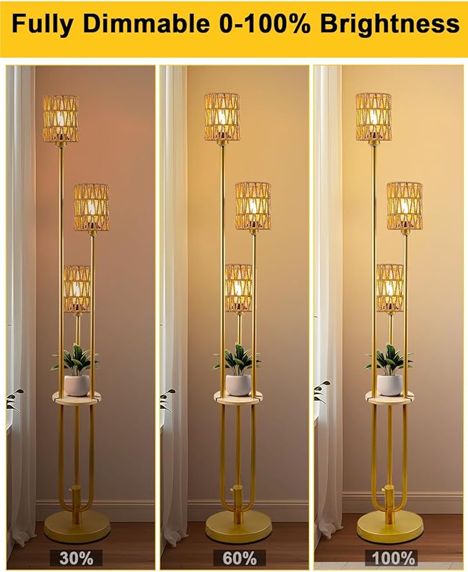 Lightdot Boho Floor Lamp with Shelves, 3-Lights Farmhouse Gold Dimmable Floor Lamp Candle Holder Style, Rustic Tall Standing Lamp with Rattan Shades for Living Room Bedroom Home Office