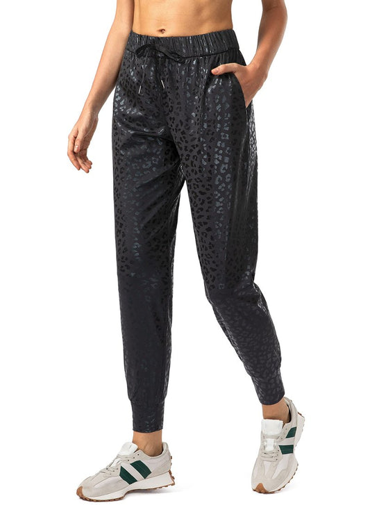 SANTINY Women's Joggers Pants Pockets Drawstring Running Sweatpants for Women Lounge Workout Jogging(Black Leopard_L)