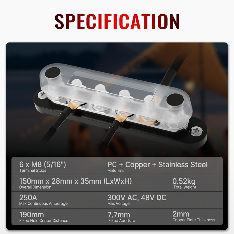 RVMARINEPAT 12V Bus Bar 250A Power Distribution Block, 12 Volt Busbars 6 x 5/16" (M8) Terminal Studs Positive & Negative for Car, Marine, Solar Systems