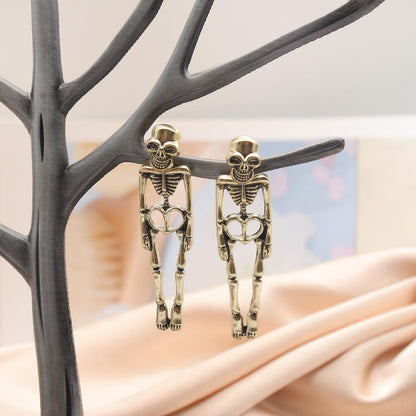 Gothic Skeleton Unique Earrings Punk Human Skull Funny Earrings Ghost Groom Bride Halloween Earrings Front Back Stud Earrings for Women (Gold)