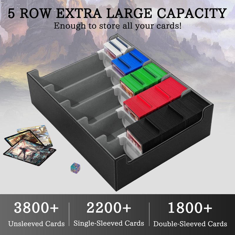 5 Row Trading Card Storage Box, 3800+Bulk Card Organizer Box with 20 Dividers & 5 Supporters, Graded Card Deck Box for YuGiOh, MTG, TCG Black/Grey