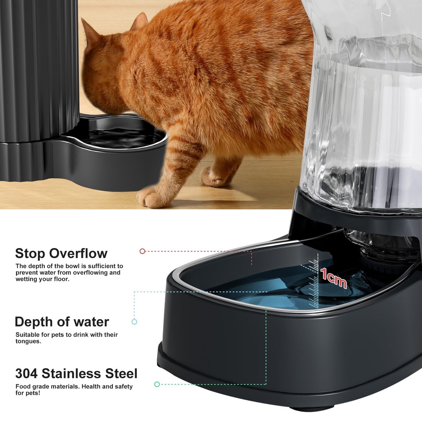 Gardner Pet 3.85L Pet Water Dispenser, Cat Bowls with Stainless Steel Bowl, Gravity Dog Water Dispenser, 100% BPA-Free Automatic Cat Feeder, Feeding Station for Medium & Large-Sized Pets, Dark Grey