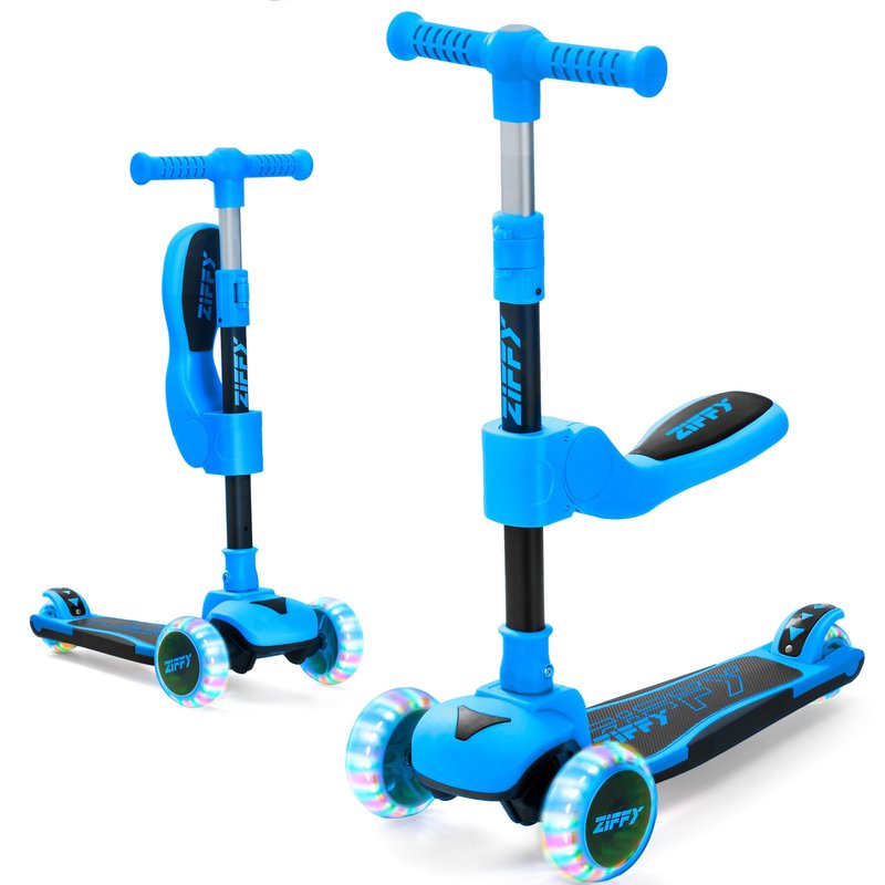 JOVA ZIFFY 2-in-1 Toddler Scooter with Seat, 3 Wheel Scooter with LED Lights, Anti-Slip Surface, Adjustable Height Handlebars and Foldable Seat, Toys for Kids Ages 3-12, Blue (Up to 110 Lbs)