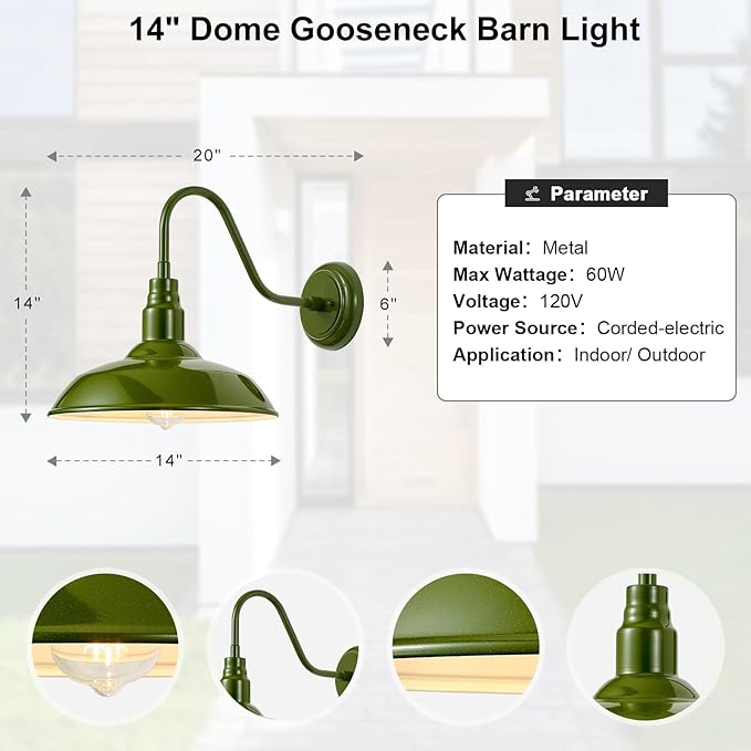2 Pack Outdoor Gooseneck Barn Light with 14 Inch Dome, Farmhouse Exterior Wall Lights for Porch, Olive Green Patio Wall Lighting for House, Garage