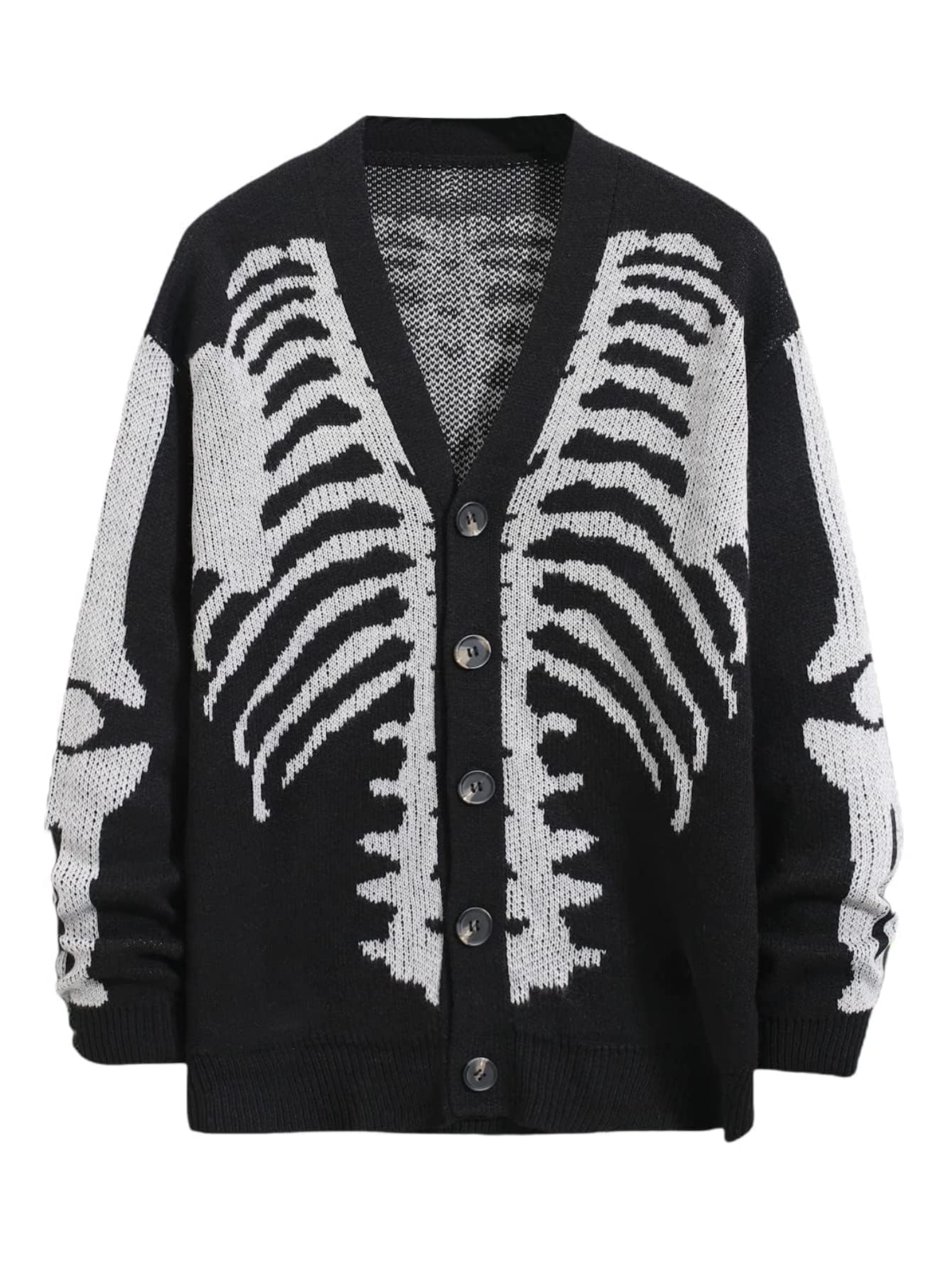 SHENHE Men's Skeleton Pattern Cardigan Sweaters Long Sleeve Unisex Outwear Knitted Coats Black XL