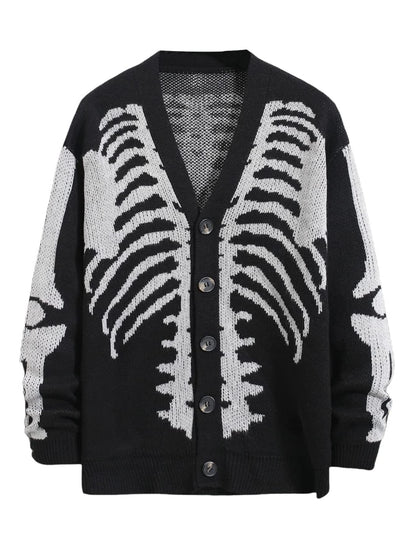 SHENHE Men's Skeleton Pattern Cardigan Sweaters Long Sleeve Unisex Outwear Knitted Coats Black XL