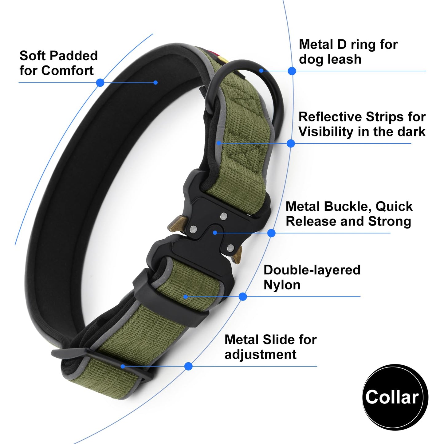 Plutus Pet Tactical Dog Collar, Reflective, Adjustable Heavy Duty Dog Collar, Soft Padded and Comfortable, for Small Medium and Large Dogs (Ranger Green, L)