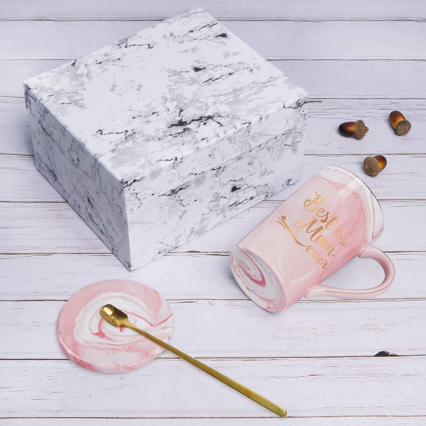 YHRJWN Best Dad and Mom Marble Ever Coffee Mug Set - with Gift Box Coaster Spoon for Christmas Birthday Parent Gift from Daughter Son 14 Oz Each