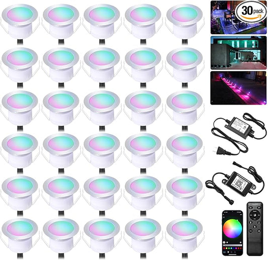 INDARUN Deck Lights Outdoor Waterproof 30 pcs, Φ1.22 RGB Smart 12V Low Voltage LED Recessed Deck Lighting with Remote, Work with Alexa/Google, Outdoor Step Stair Lights for Floor Landscape Lighting