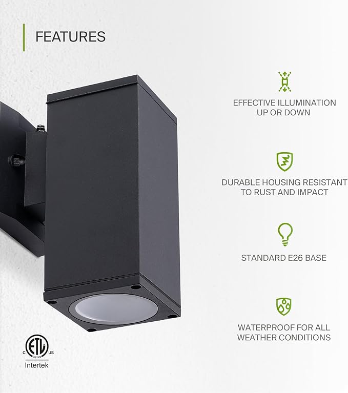 ASD 1 Light Dusk to Dawn Outdoor Wall Light Fixture | 60W E26 Socket 120V ETL Cylinder Up Down Lights | LED/CFL/Incandescent Bulb Exterior Wall Sconce | Front Door, Porch, Patio | Black